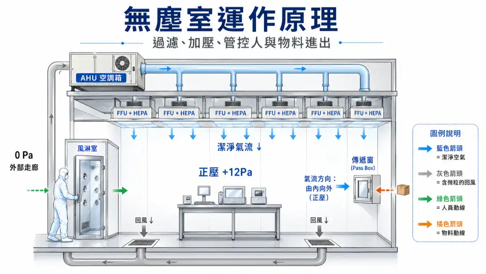 無塵室運作原理剖面圖 HEPA過濾正壓氣流風淋室傳遞窗
