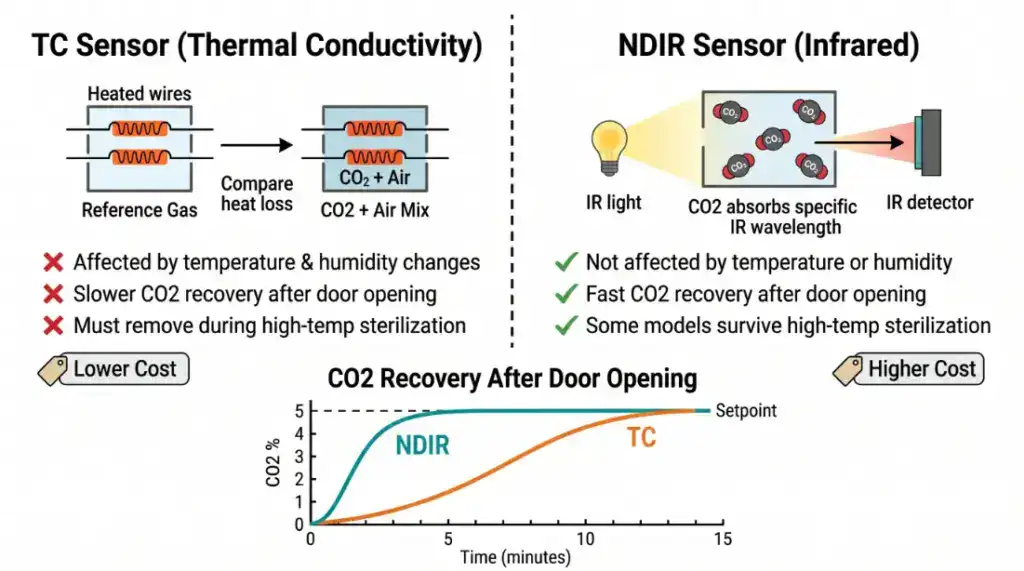 CO2 培養箱 TC NDIR 感測器比較 回穩速度差異