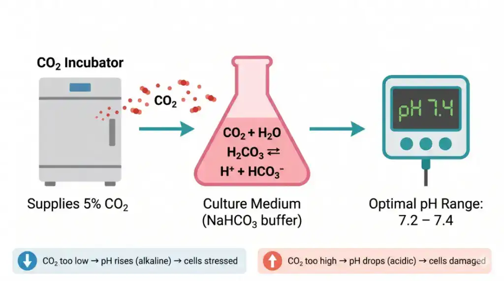 CO2 培養箱 碳酸氫鈉緩衝系統 pH 控制原理圖