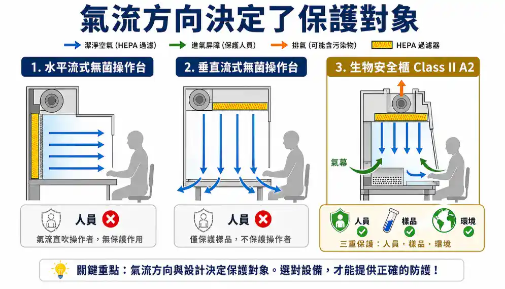 水平流式無菌操作台、垂直流式無菌操作台與生物安全櫃的氣流方向對比截面圖