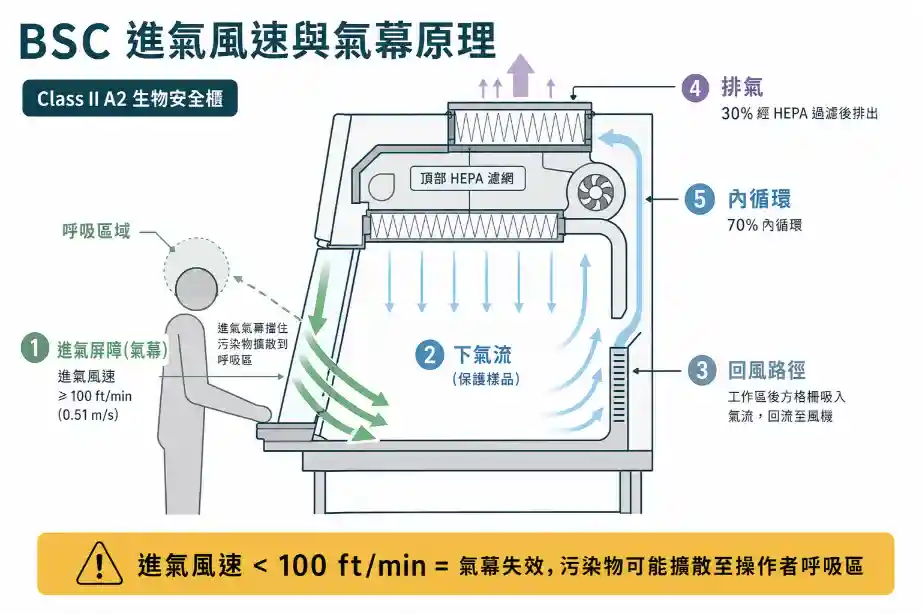 BSC 進氣風速與氣幕原理:100 ft/min 的進氣屏障如何保護操作者呼吸區免受生物氣溶膠擴散