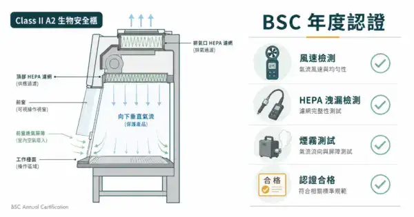 生物安全櫃年度認證檢測:Class II 生物安全櫃結構與九大檢測項目示意