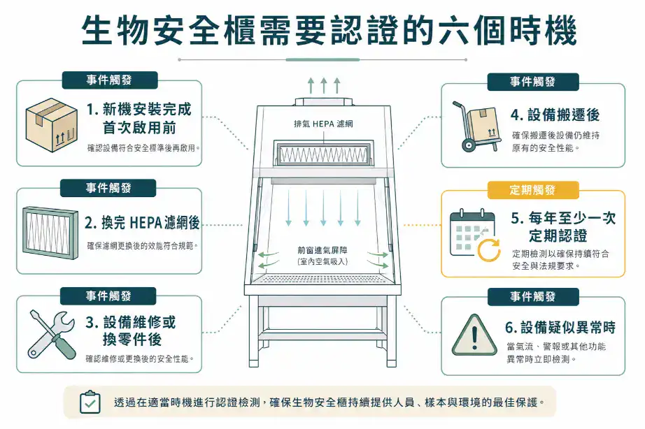 生物安全櫃認證的六個時機:新機安裝、換 HEPA 濾網、維修、搬遷、年度定期、異常觸發