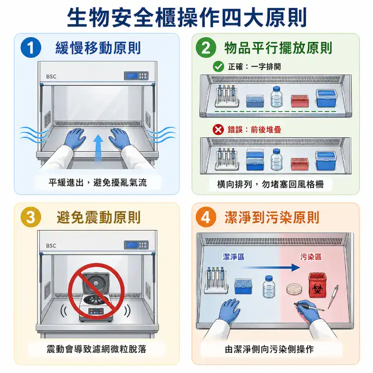 生物安全櫃操作四大原則圖：緩慢移動、物品平行擺放、避免震動、由潔淨到污染方向操作
