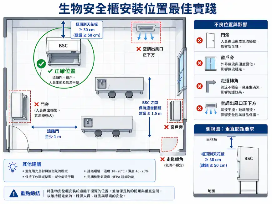生物安全櫃安裝位置最佳實踐示意圖，標示正確位置、應遠離的門窗空調出風口及天花板間距要求