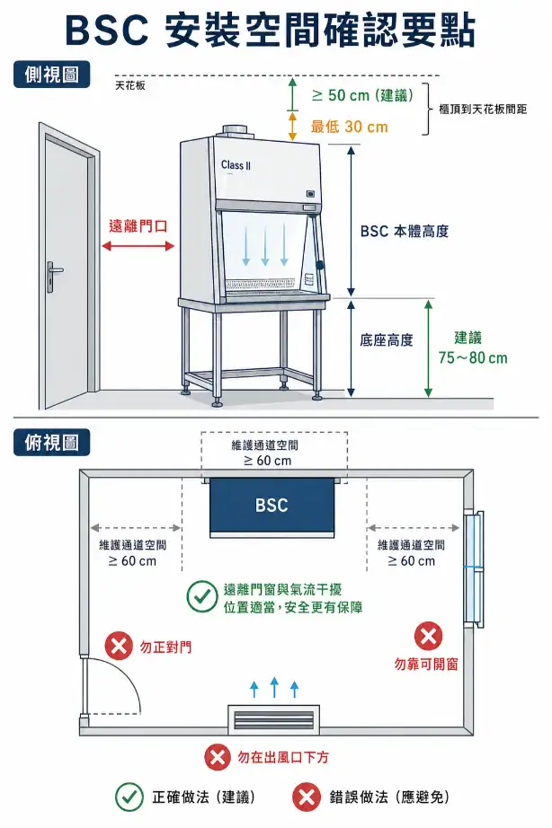 生物安全櫃選購檢查清單精選圖，展示BSC設備與空間、認證、排氣、維護五大評估面向