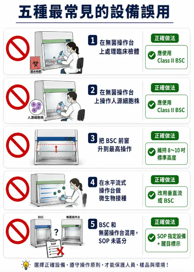 生物安全櫃與無菌操作台五種最常見誤用場景的禁止圖標與正確做法卡片