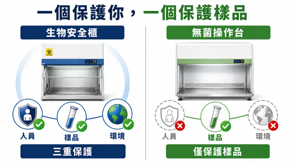 生物安全櫃三重保護（人員、樣品、環境）與無菌操作台僅保護樣品的視覺對比圖