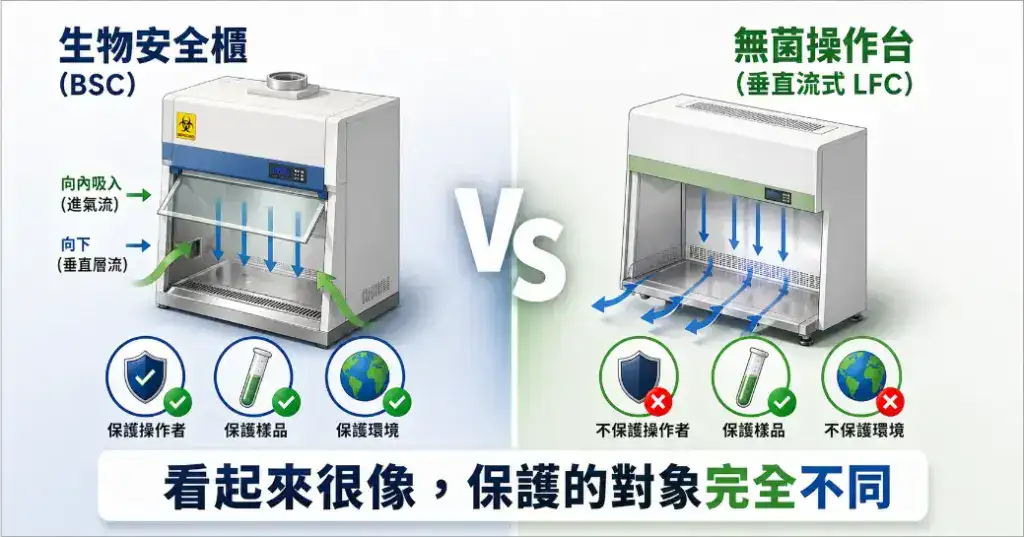 生物安全櫃與無菌操作台差異比較圖，標示BSC三重保護與LFC僅保護樣品的核心差異