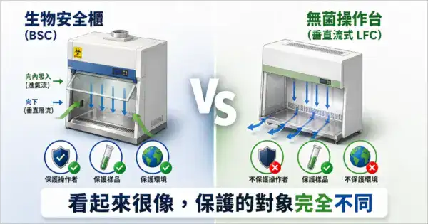 生物安全櫃與無菌操作台差異比較圖，標示BSC三重保護與LFC僅保護樣品的核心差異