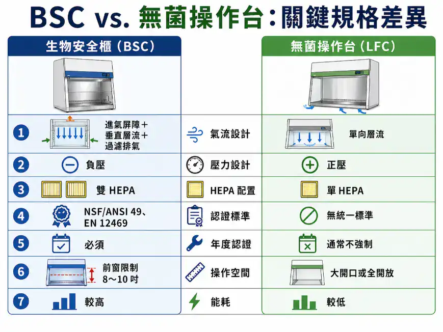 生物安全櫃與無菌操作台七項關鍵規格差異的雙欄視覺化對照圖