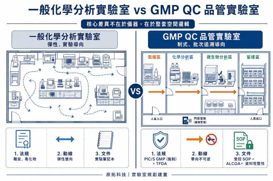 一般化學實驗室與 GMP QC 品管實驗室核心差異對照：法規依據、動線邏輯、文件要求三個面向的根本不同