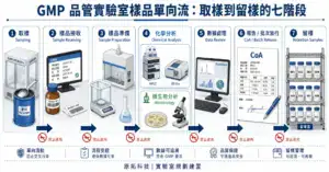GMP 品管實驗室樣品單向流七階段：從取樣、樣品接收、準備、化學/微生物分析、數據處理、報告到留樣的不可逆向流程