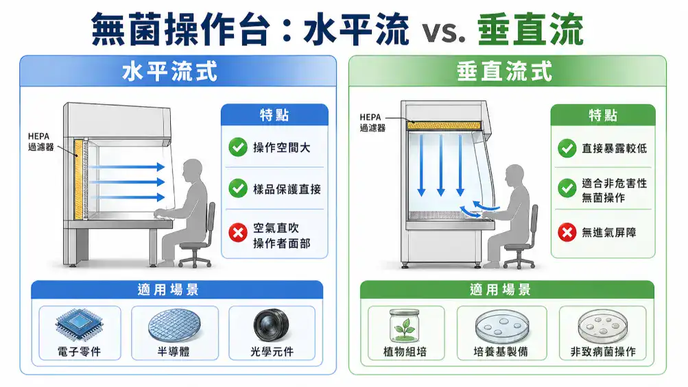 水平流式與垂直流式無菌操作台的優缺點與適用場景雙欄比較圖