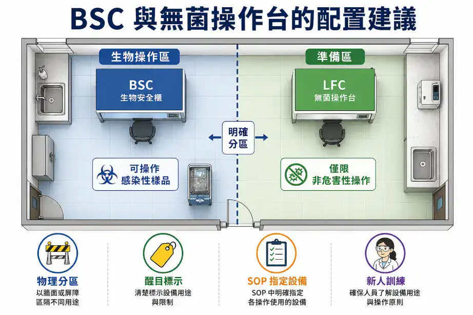 實驗室同時配置生物安全櫃與無菌操作台的分區配置建議俯視平面圖