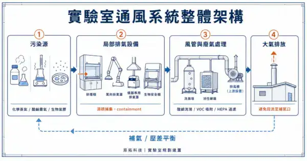 實驗室通風系統整體架構：從污染源、局部排氣設備、風管與廢氣處理到大氣排放的四階段流程