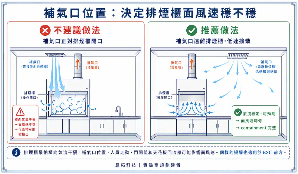 排風機位置對風管內部壓力的影響：上游配置維持負壓避免洩漏，下游配置形成正壓段有外洩風險