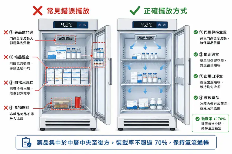藥品冰箱擺放正確與錯誤對照圖：錯誤示範包括藥品放門邊、堆疊過密、阻擋出風口、放食物飲料；正確示範為藥品集中中央後方、保持間距、裝載率不超過70%