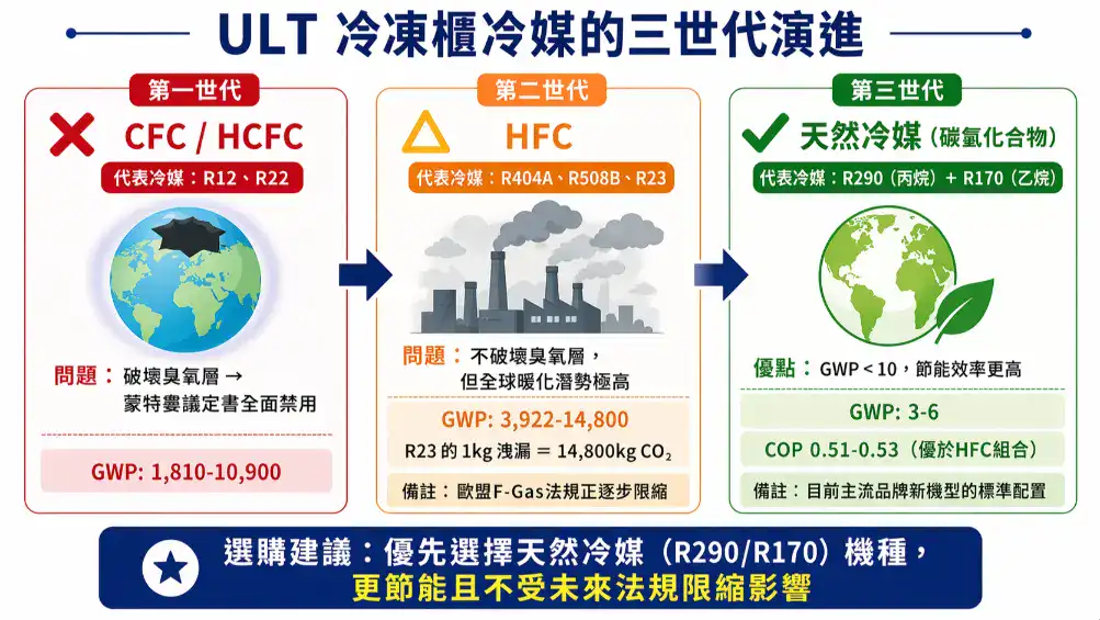 ULT冷媒三世代演進 CFC HFC 天然冷媒R290 R170 GWP比較