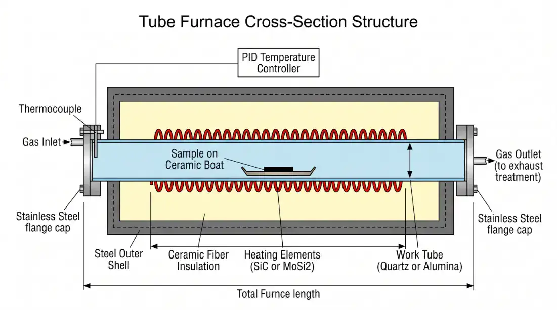 管狀高溫爐結構剖面圖 外殼隔熱層加熱元件爐管