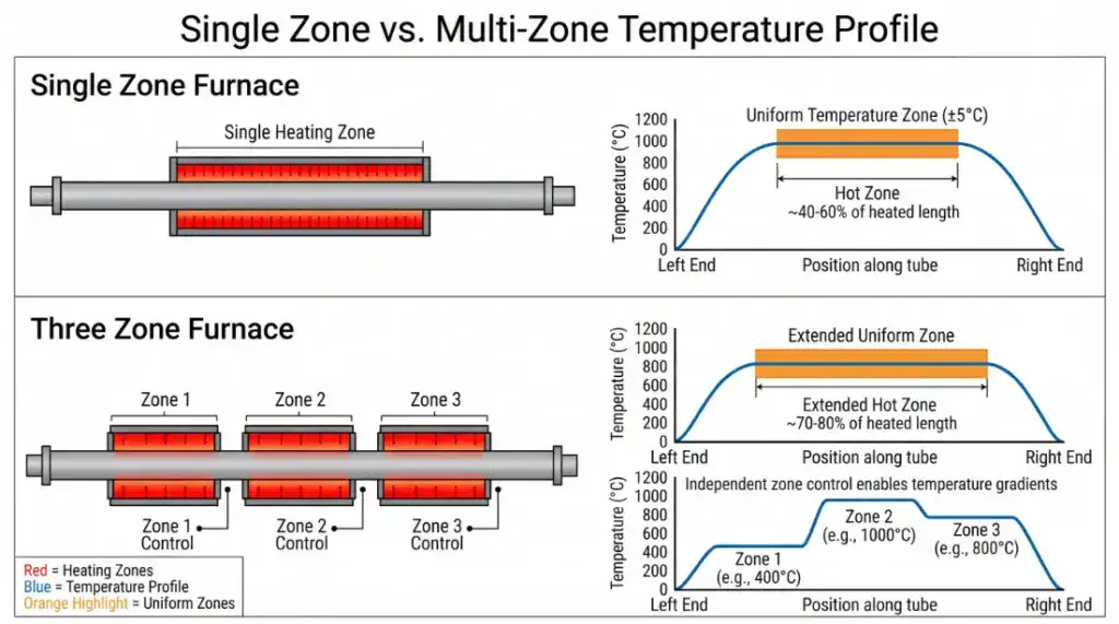 管狀高溫爐單區與多區溫度分佈曲線比較