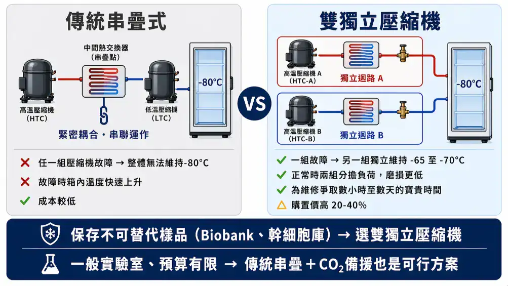 雙獨立壓縮機vs傳統串疊式比較 故障備援能力