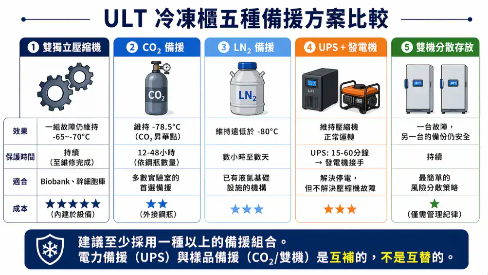 ULT冷凍櫃五種備援方案比較 雙壓縮機CO2 LN2 UPS雙機分散