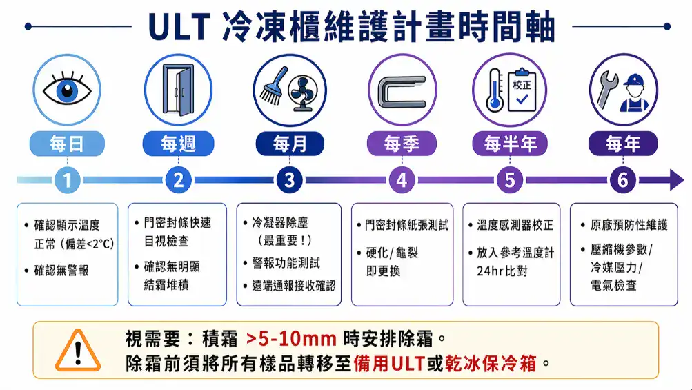 超低溫冷凍櫃維護計畫時間軸 每日至每年檢查項目