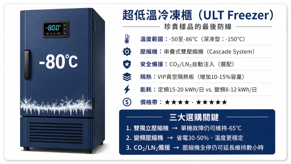 超低溫冷凍櫃規格功能卡 -80°C 雙壓縮機 變頻節能