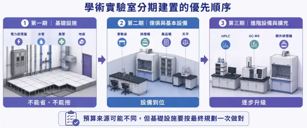 學術研究實驗室規劃指南 學術實驗室分期建置策略:第一期基礎設施、第二期傢俱設備、第三期進階擴充的優先順序