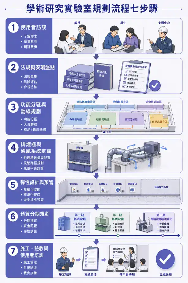 學術研究實驗室規劃指南 學術研究實驗室規劃流程七步驟:從使用者訪談到施工驗收與培訓