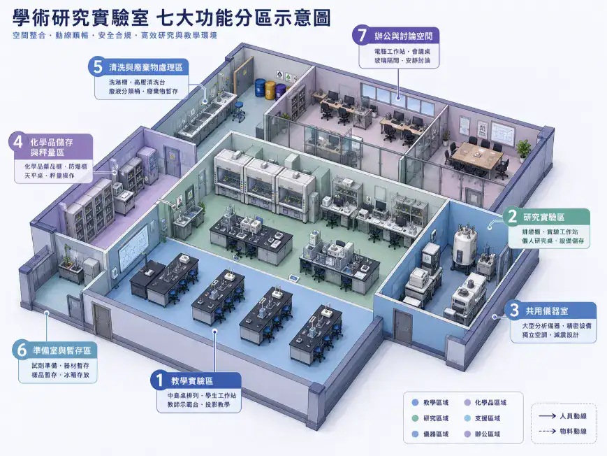 學術研究實驗室規劃指南 學術研究實驗室七大功能分區配置示意圖:教學區、研究區、共用儀器室、化學品儲存、清洗區、準備室、辦公空間