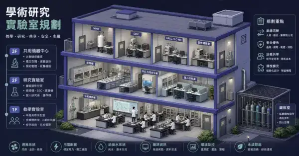 學術研究實驗室規劃指南封面:大學系館剖面等角透視圖展示教學實驗室、研究實驗室與共用儀器中心三層配置
