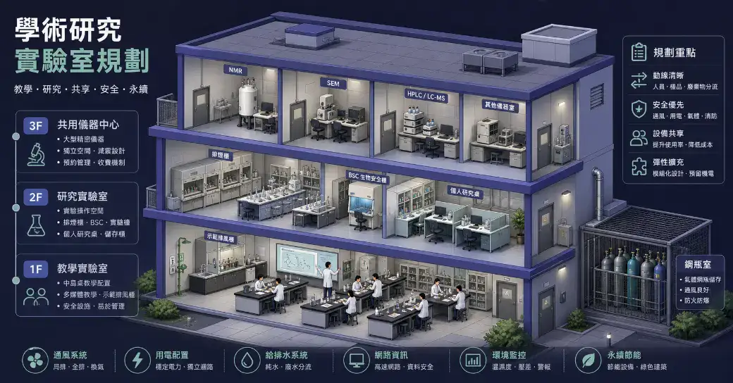 學術研究實驗室規劃指南 學術研究實驗室規劃指南封面:大學系館剖面等角透視圖展示教學實驗室、研究實驗室與共用儀器中心三層配置