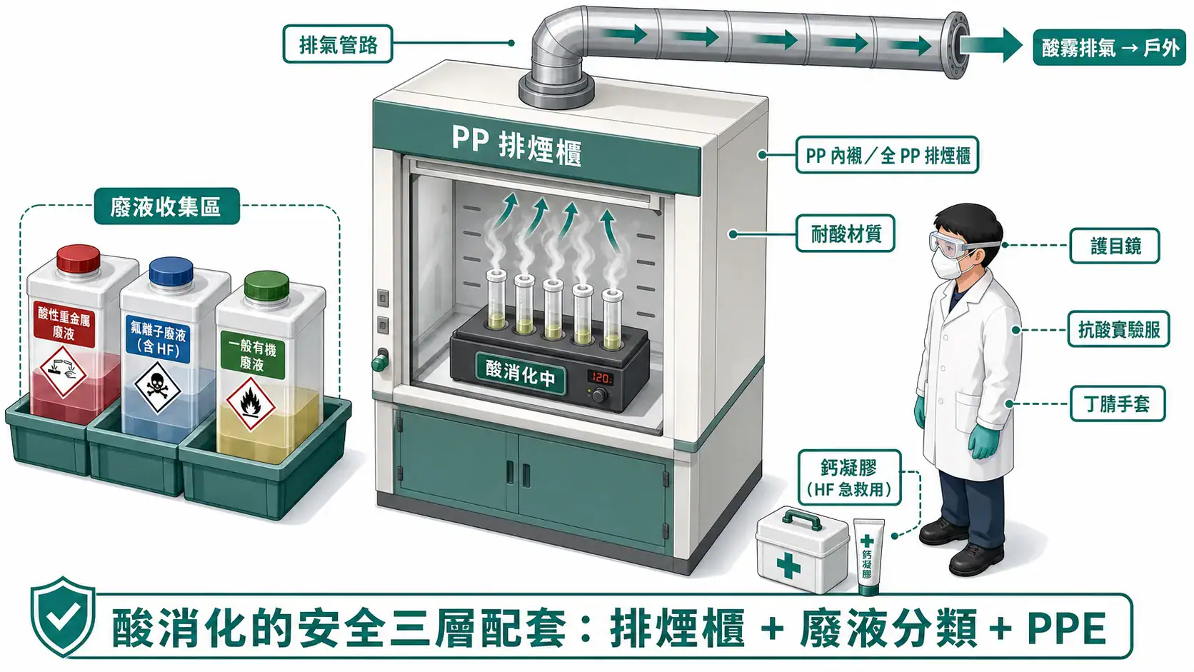 實驗室酸消化與石墨加熱板應用指南|從消化方法、酸選擇到設備搭配的決策邏輯 Acid Digestion Safety Setup Diagram