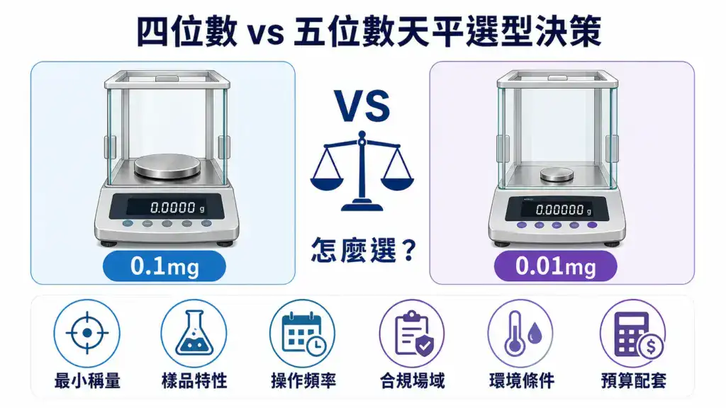 分析天平 0.1mg vs 半微量天平 0.01mg 選型決策示意：從最小稱量、樣品特性、操作頻率、合規場域、環境條件、預算配套六個面向比較