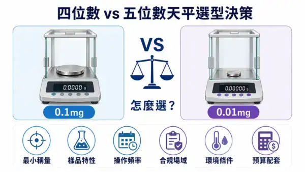 分析天平 0.1mg vs 半微量天平 0.01mg 選型決策示意：從最小稱量、樣品特性、操作頻率、合規場域、環境條件、預算配套六個面向比較