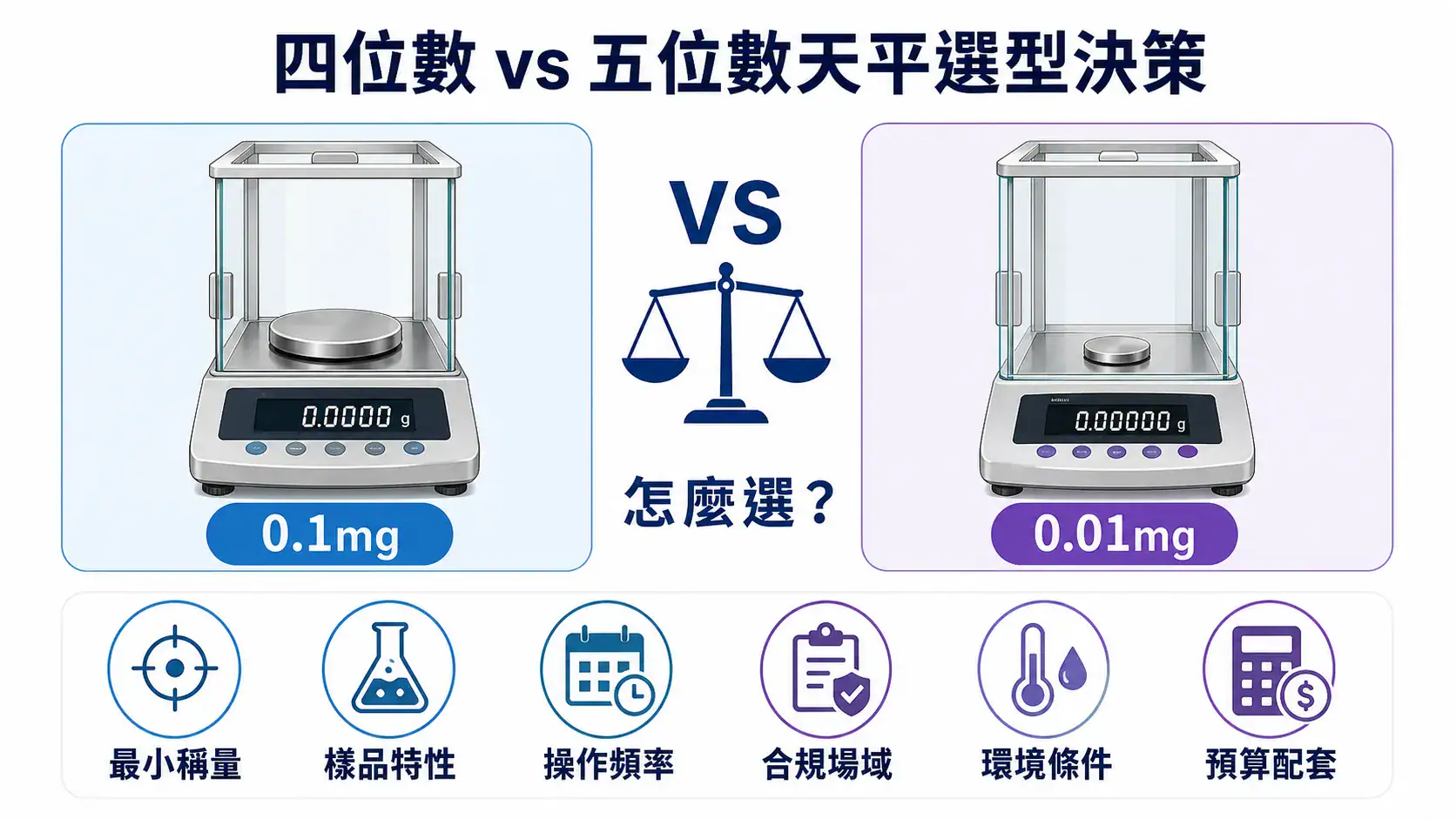 分析天平 vs 半微量天平怎麼選?四位數 0.1mg 與五位數 0.01mg 的選型決策指南 分析天平 0.1mg vs 半微量天平 0.01mg 選型決策示意:從最小稱量、樣品特性、操作頻率、合規場域、環境條件、預算配套六個面向比較