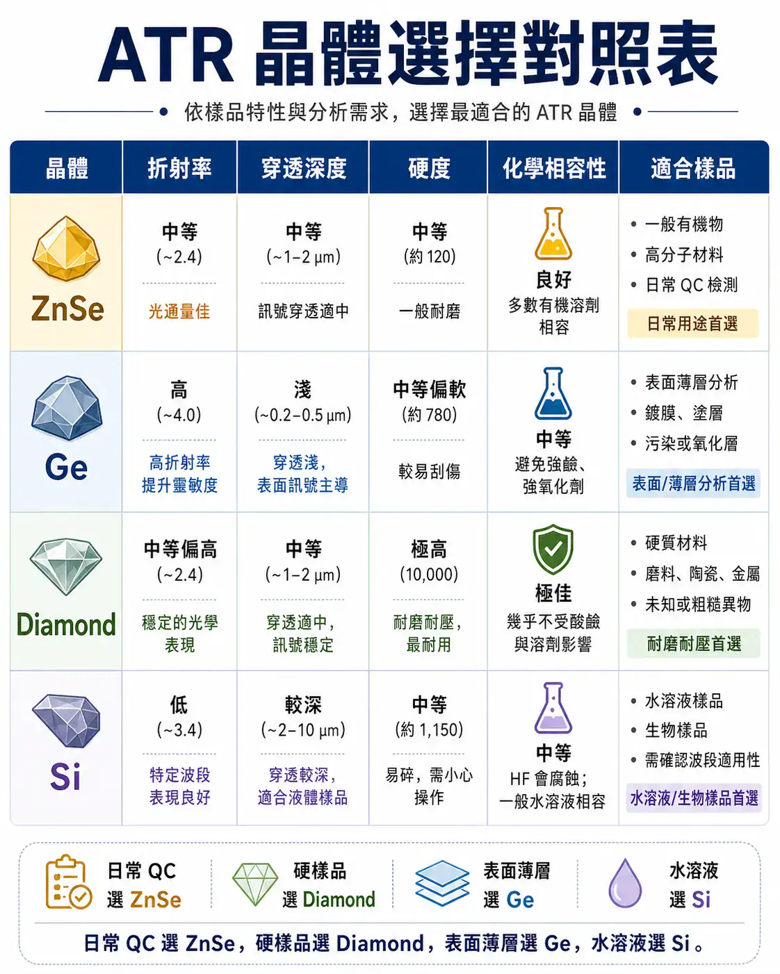 ATR 晶體選擇對照表:ZnSe、Ge、Diamond、Si 四種晶體的特性比較