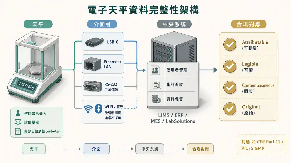 電子天平資料完整性架構圖:從天平讀值、USB/LAN 介面、LIMS 中央系統到 ALCOA 與 21 CFR Part 11 合規的資料流動