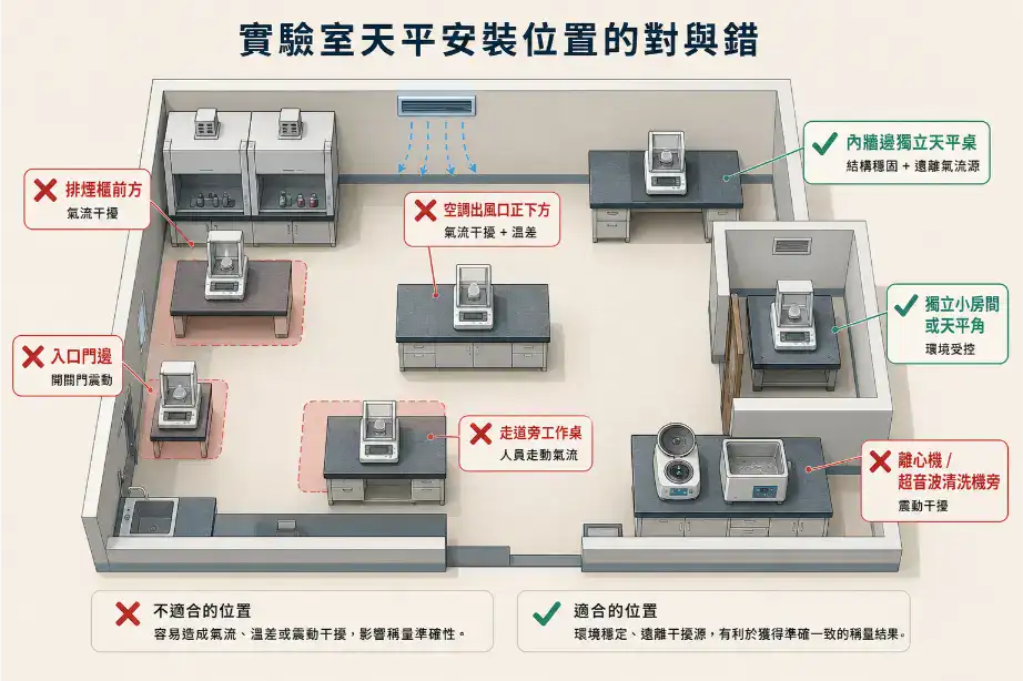 電子天平安裝位置示意圖:標出排煙櫃、空調出風口、走道、震動源等不適合放天平的位置,以及內牆獨立天平桌等適合位置
