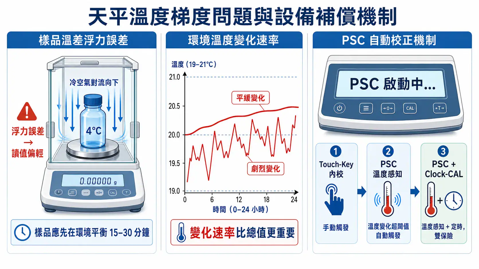 實驗室天平安裝環境規劃指南|振動、氣流、溫濕度、靜電、磁場五大干擾源解析 Balance Temperature Gradient And Psc Compensation