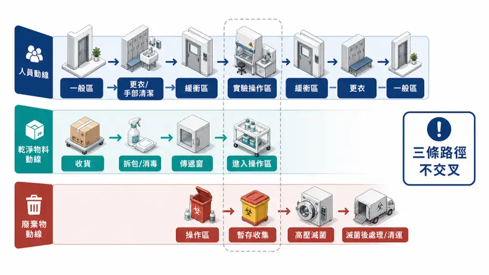 生技研發實驗室人員淨化、乾淨物料與廢棄物三條動線泳道圖