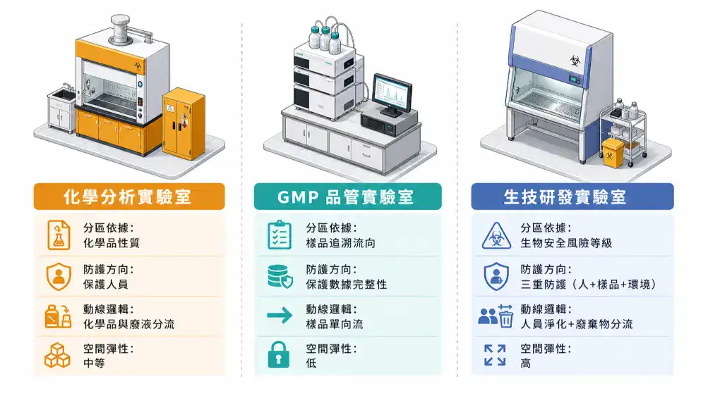 化學分析、GMP 品管與生技研發三類實驗室規劃邏輯比較圖