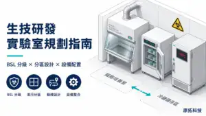 生技醫藥研發實驗室規劃指南封面：等角透視圖呈現生物安全櫃、CO₂ 培養箱與超低溫冷凍櫃的空間配置