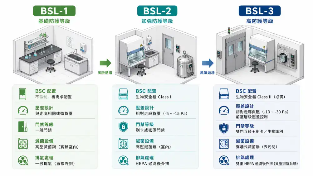 BSL-1、BSL-2、BSL-3 生物安全實驗室硬體需求對照圖