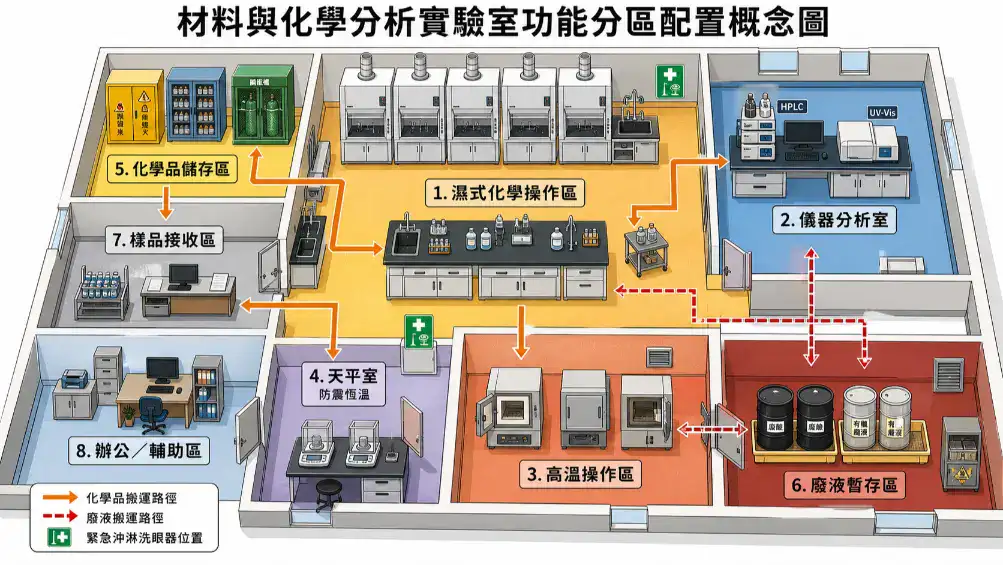 材料與化學分析實驗室規劃指南 材料與化學分析實驗室功能分區配置概念圖