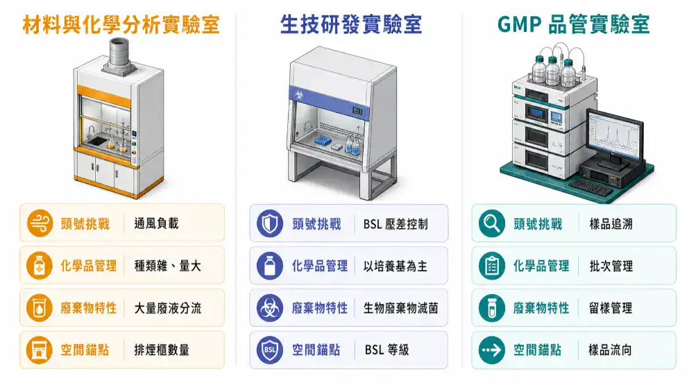 材料與化學分析實驗室規劃指南 材料化學分析、生技研發與 GMP 品管三類實驗室規劃差異比較圖