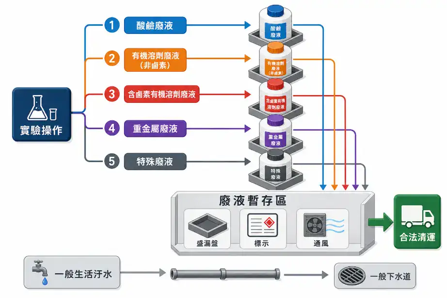 材料與化學分析實驗室規劃指南 化學分析實驗室廢液五大分類與分流路徑圖