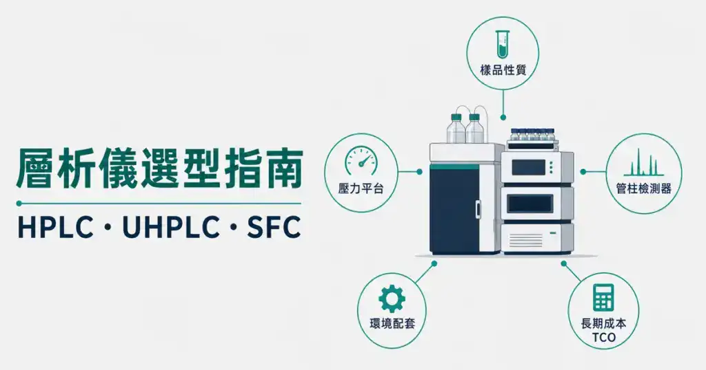實驗室層析儀選型指南封面圖,以樣品性質、壓力平台、管柱檢測器、環境配套、長期成本 TCO 五個面向呈現選型決策架構
